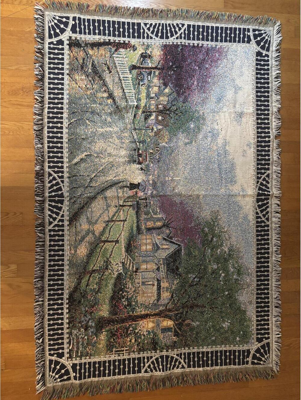 Thomas Kincade Painter of Light Neighborhood Rainy Street Tapestry Blanket Throw